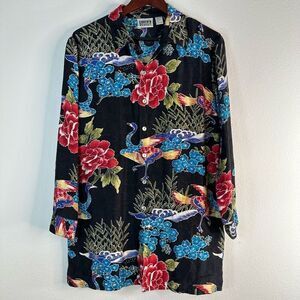 Vintage Chicos Design Womens 100% Silk Asian Inspo Tunic Top Bird Floral Novelty